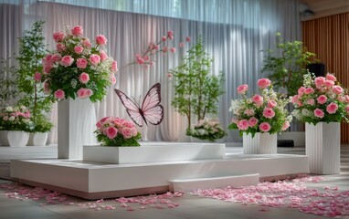 Naklejka premium Elegant wedding ceremony setup with pink roses