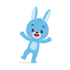 Cheerful Blue Cartoon Rabbit Standing on One Leg with Arms Wide Open Illustration