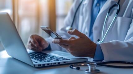 Obraz premium Doctor using laptop and phone