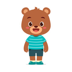 Adorable Brown Bear Cub Standing Wearing Striped Shirt and Shorts Happy Smiling
