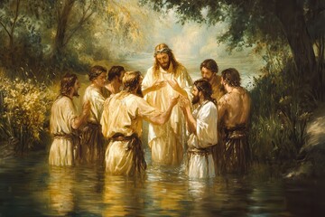 Baptism of jesus in the river jordan with followers witnessing the sacred ceremony amidst nature