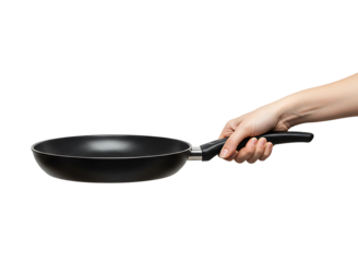 Hand holding a black frying pan for cooking food isolated on transparent background