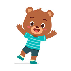Happy Cartoon Bear Cub Standing and Waving with a Friendly Expression and Casual Outfit