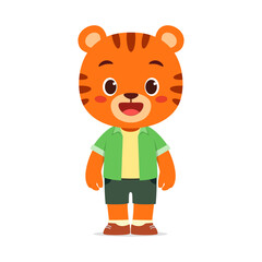 Cartoon Tiger Standing Wearing Clothes With Smiling Expression and Happy Mood