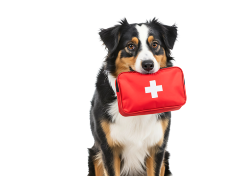 Golden retriever dog holding a red first aid kit isolated on transparent background - Powered by Adobe