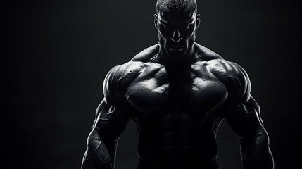 Powerful physique of a muscular male bodybuilder, sharply lit against a dark background.  A dramatic monochrome image showcasing strength and fitness.