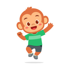 Happy monkey jumping with green shirt, black short and shoes with white background illustration