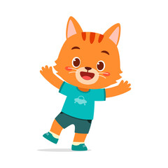 Cute Orange Tabby Kitten Wearing Clothes Raising Arms with Smiling Expression Illustration