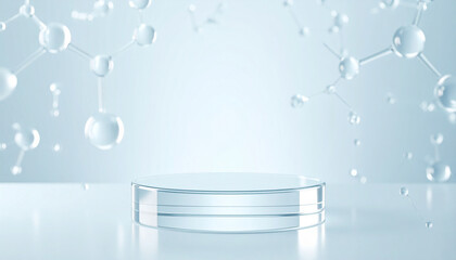 Empty space for exhibition with transparent glass circular cylinder pedestal on molecules and bubbles Background.