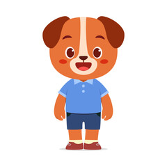 Cartoon dog character wearing blue shirt and shorts standing with smiling expression