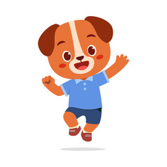 Cute Cartoon Dog Character Jumping Happily with Joyful Expression in Blue Shirt and Shorts