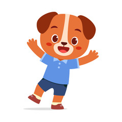 Happy Cartoon Dog Waving its Hands and Standing on Two Legs in Illustration Style