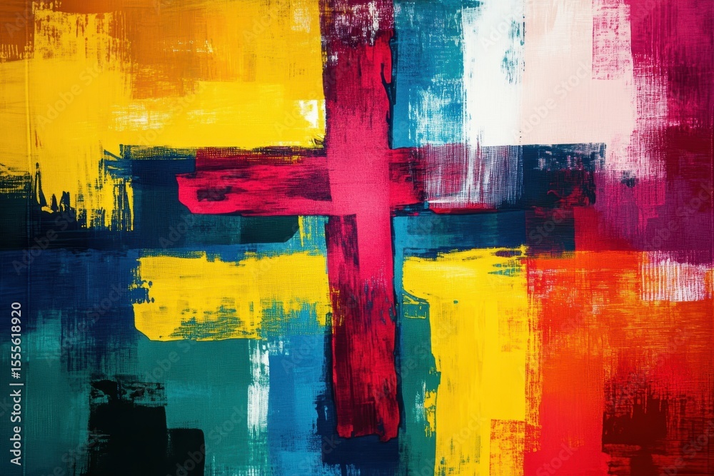 Poster vibrant abstract cross pattern showcasing bold colors and dynamic brush strokes in a contemporary ar