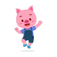 Happy cartoon pig jumping and waving isolated on white background illustration