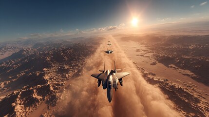 Mehrere Kampfjets in perfekter Formation über Wüstenlandschaft im Abendlicht