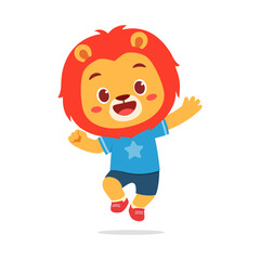 Cartoon Lion Character Jumping with Joy Wearing Blue Shirt and Short in Illustration Style