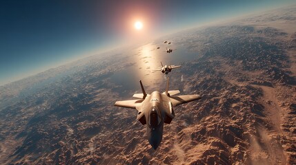 Kampfjets in Formation über Wüstenlandschaft bei Sonnenuntergang
