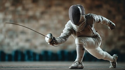 Fechter in dynamischer Wettkampfpose mit Degen beim Angriff

