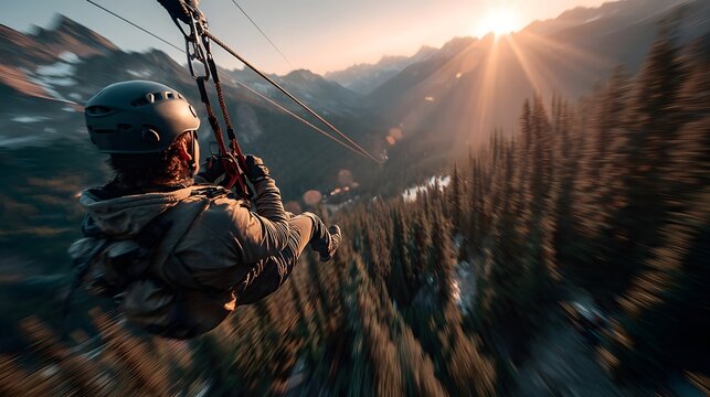 Abenteuer auf der Zipline &uuml;ber Berglandschaft bei Sonnenuntergang
