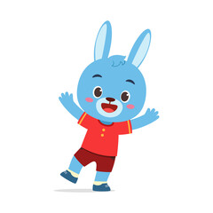 Cute Blue Bunny Cartoon Character Waving and Smiling Joyfully Illustration