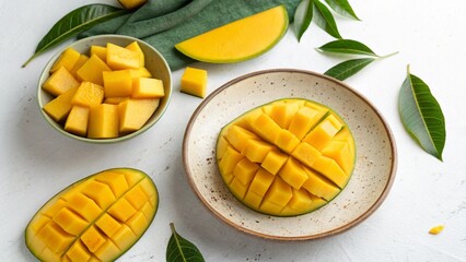 Fresh Juicy Ripe Mango Slices in Bowl with Green Leaves