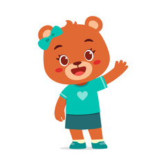 Cute Brown Bear Girl Waving Hand, Wearing a Turquoise T Shirt and Skirt, Happy Expression Illustration