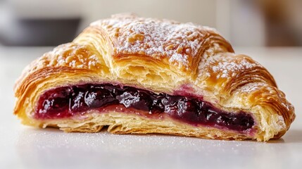 Close-up of a delicious, flaky croissant filled with sweet cherry jam, dusted with powdered sugar.