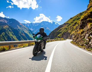 Green motorcycle riding on a road in the mountains