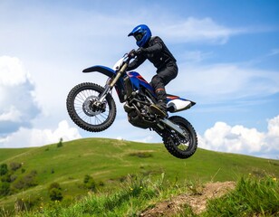 motocross rider jumping with a hill in the background