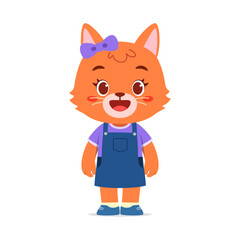 Cute Cartoon Orange Fox Wearing Dress and Bow Tie Standing with Happy Expression
