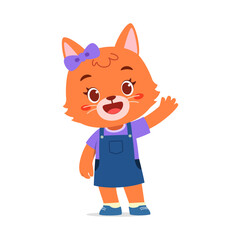 Cute Orange Cartoon Cat Girl Waving Hand, Wearing Blue Dress and Bow, Isolated on White Background