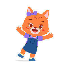 Cute Orange Cartoon Cat Character Smiling and Waving with Happy Expression in Dress
