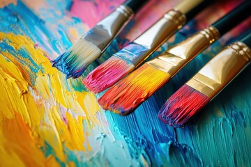 Fototapeta premium Vibrant paintbrushes creating colorful streaks across the canvas at an artist's studio during a bright afternoon