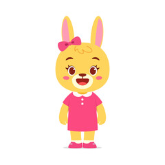 Cute Yellow Rabbit Girl in Pink Dress Standing Upright and Smiling Cartoon Illustration