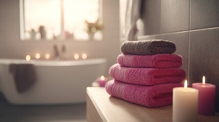 Warm bathroom featuring stacked towels, candles, and a freestanding bathtub