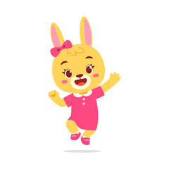 Cartoon Illustration of a Cheerful Rabbit Character in a Pink Dress, Waving its Paw