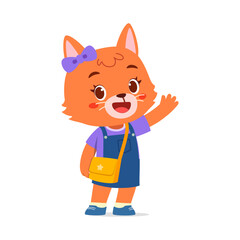 Cute Cartoon Orange Fox Girl Waving Hand and Smiling in Blue Dress Illustration