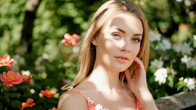 hot russian girl - A serene portrait of a woman in a flowing dress, seated on a wooden bench surrounded by vibrant flowers, with soft sunlight filtering through the leaves above