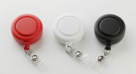 A still life of three retractable id badge reels in red white and black on a white background surface