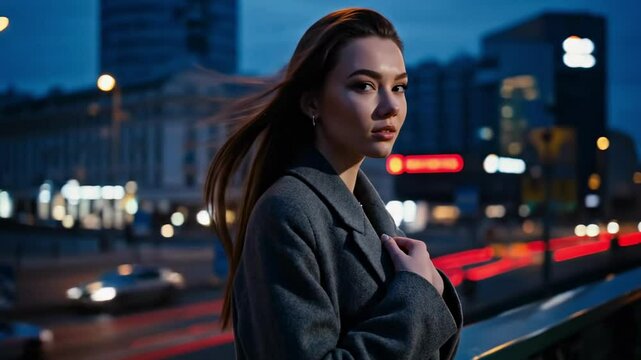 hot russian girl - A young woman stands confidently on a city street at dusk, her hair flowing in the wind, with blurred lights and buildings creating a vibrant urban backdrop