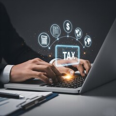 Busines using a computer to complete Individual income tax return form online for tax payment. Government, state taxes. Data analysis, paperwork, financial research, report. Calculation tax return.
