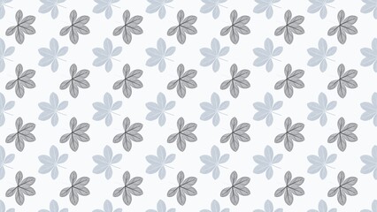 A repeated pattern of gray and light blue five leaf plants on a white background in a seamless design