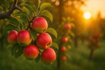 Obraz premium Ripe Red Apples Hanging from a Tree Branch at Sunset in a Serene Orchard Setting