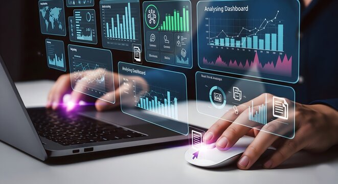 Businessman using laptop computer analyzing sales data, financial growth graph chart report. Data analysis with Ai technology. Business planning, strategy and development, Accounting. market research