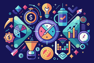 Obraz premium kaleidoscope of finance symbols: dollar, chart, portfolio, clock, investments