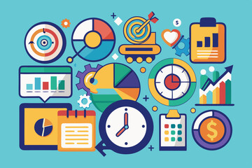 kaleidoscope of finance symbols: dollar, chart, portfolio, clock, investments