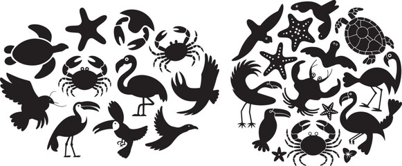 Tropical Marine Animal Silhouettes in Bold Blue – Beach & Ocean Theme Set

