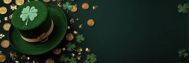 A green leprechaun hat, gold coins, and shamrocks on a dark green background