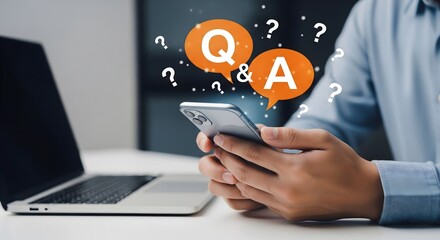 FAQ - Frequently asked questions on social networks concept. Businessman touch FAQ icon. Q&A questions and answers to customer help, support tool provide guidance to improve user experience online
