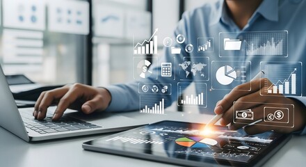 Businessman using laptop computer analyzing sales data, financial growth graph chart report. Data analysis with Ai technology. Business planning, strategy and development, Accounting. market research